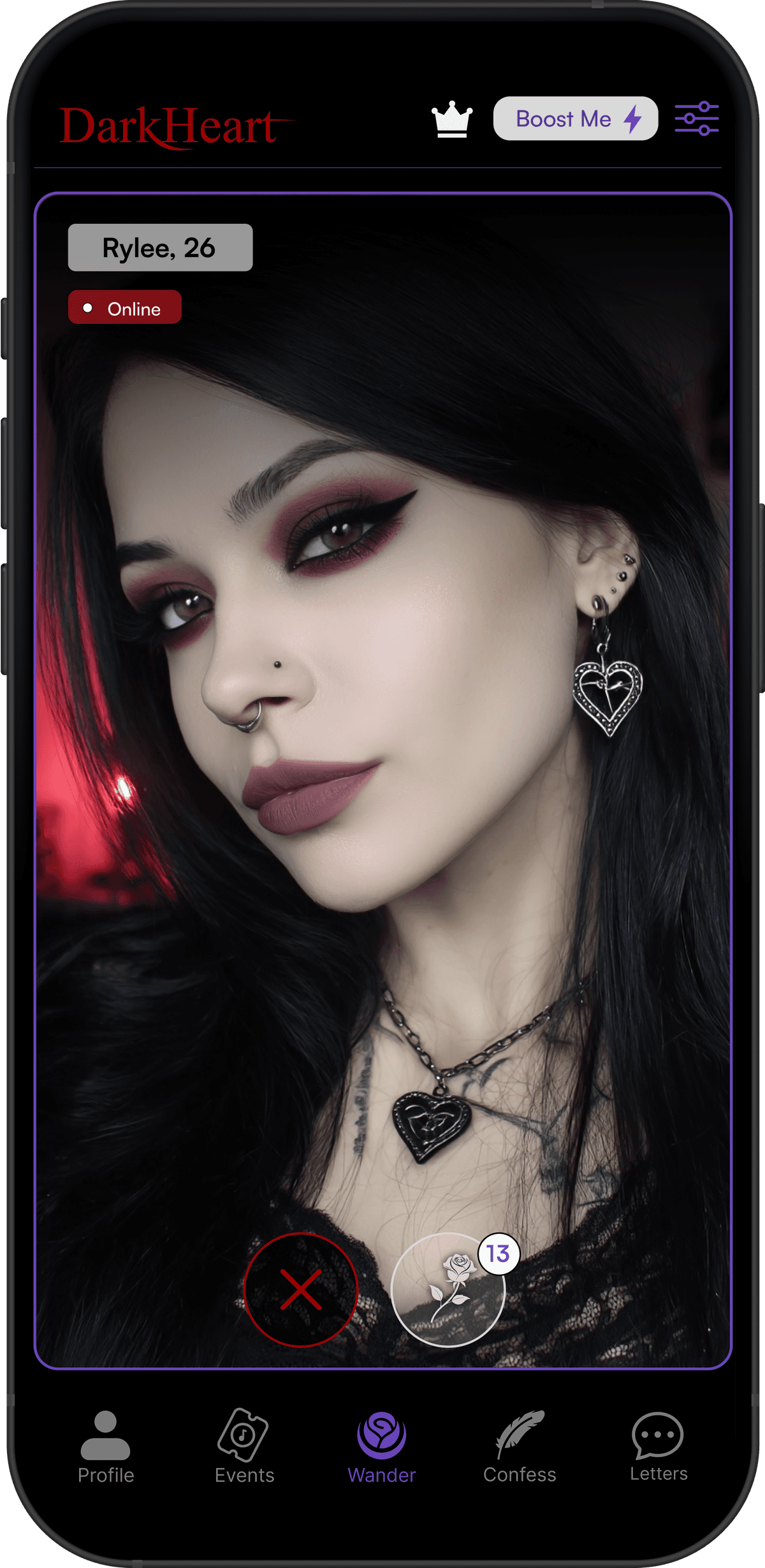 DarkHeart Goth dating app on iPhone